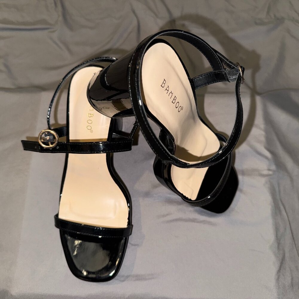 BAMBOO Black Patent Block Heel Sandals